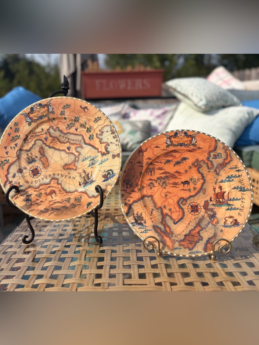 Villeroy & Boch Vintage Map Ceramic Plate Pair - Orange and Cream